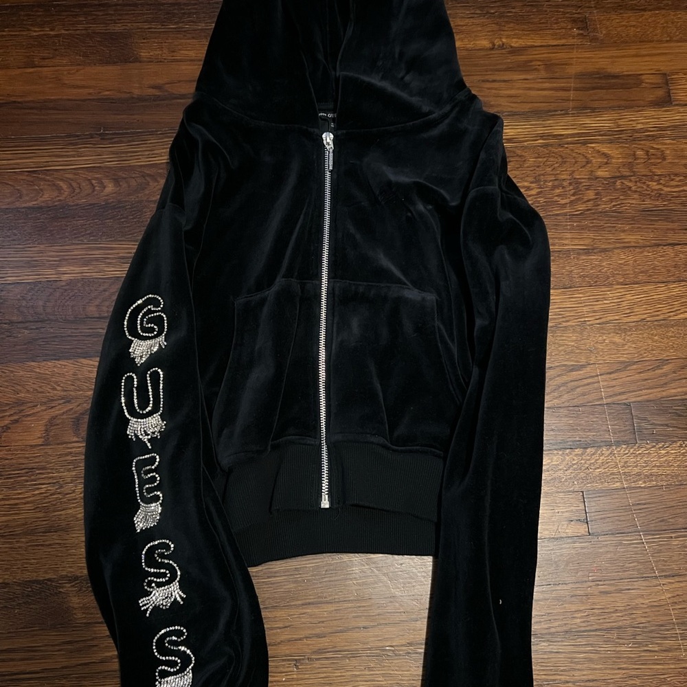 Guess Black Velvet Zip-Up Hoodie with Embellished Sleeve